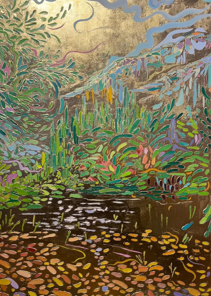 Anastasya Martnova, We Danced in the Merced River - a bright and bold landscape in a loosely impressionist style, full of leaves and water imagery. 