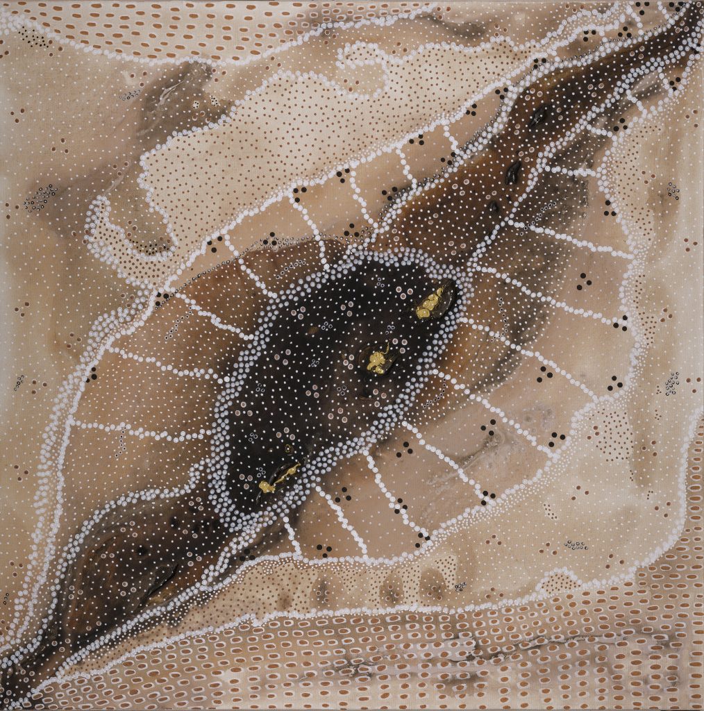 Indigenous artwork in brown colours with darker central area