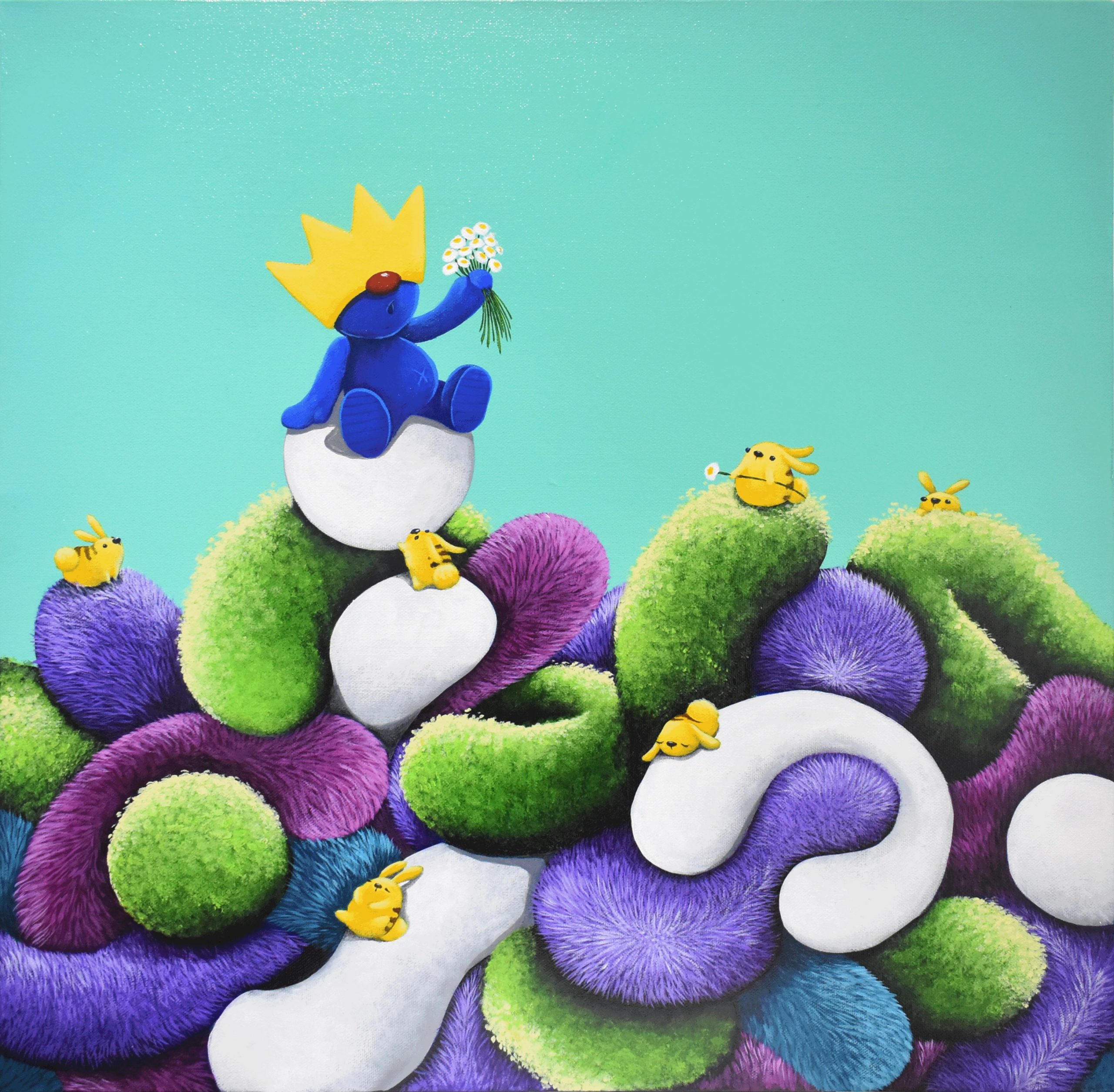 Acrylic painting of bloom with person on top of green pile 