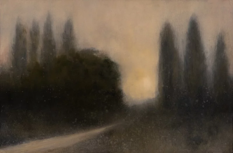 Oil painting of misty landscape with trees in the background 