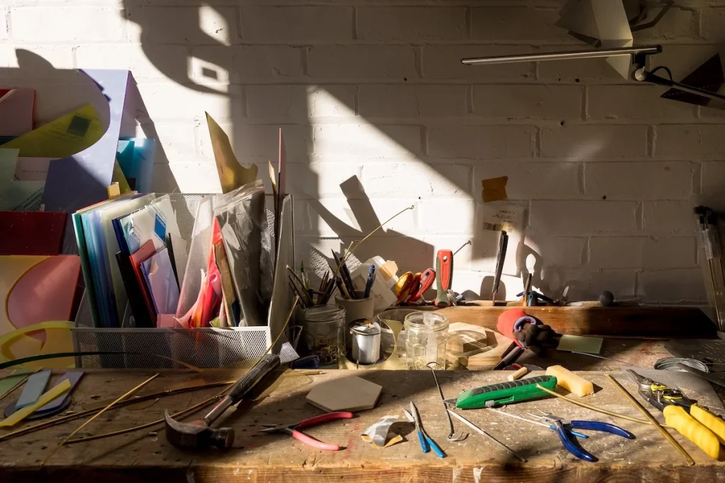 Claire Knill's workbench, installation artist for Affordable Art Fair Hampstead, 7 – 11 May. Photo by Graham Turner.