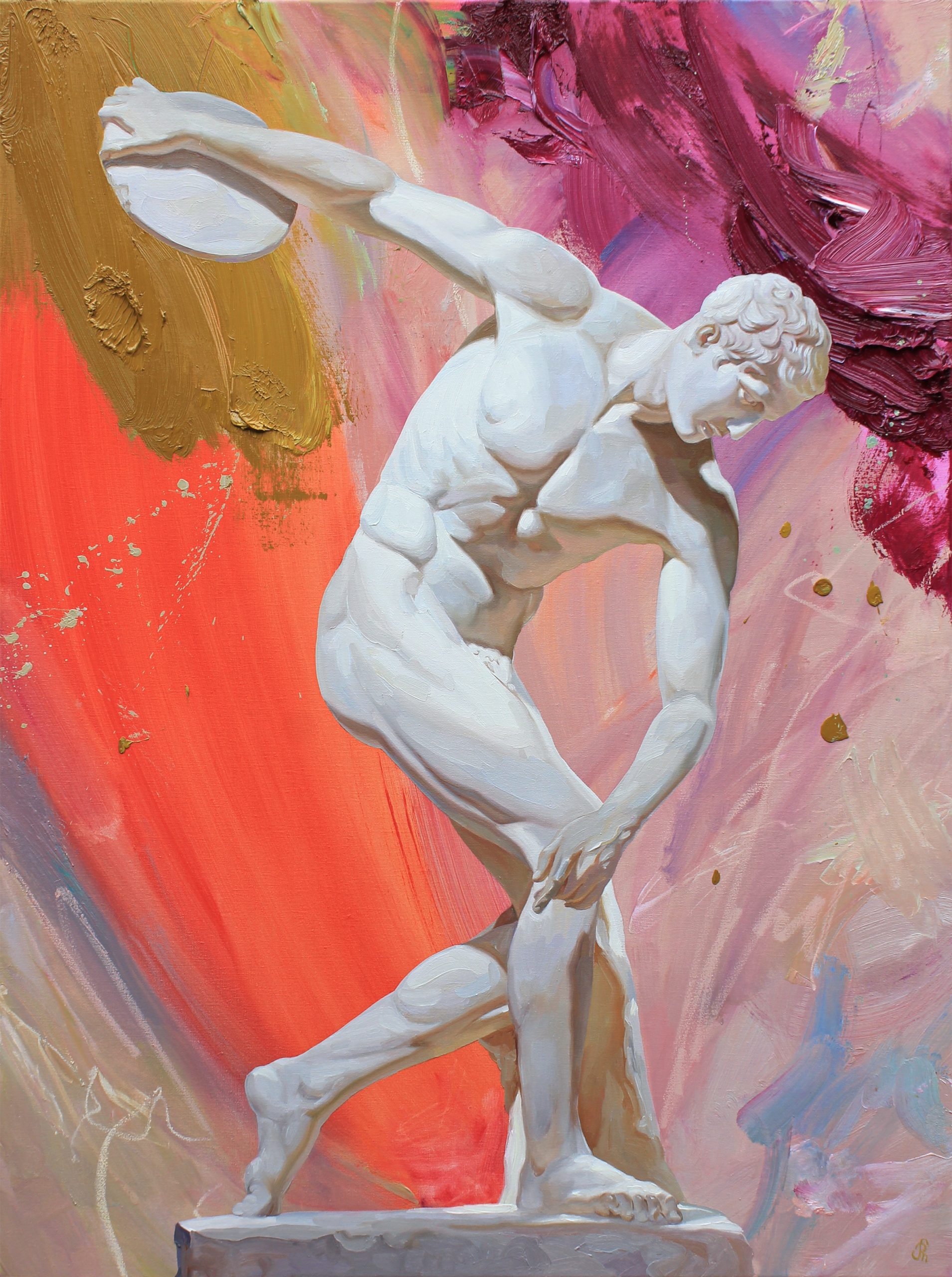 Oil Painting of Classical sculpture with abstract, colourful background 