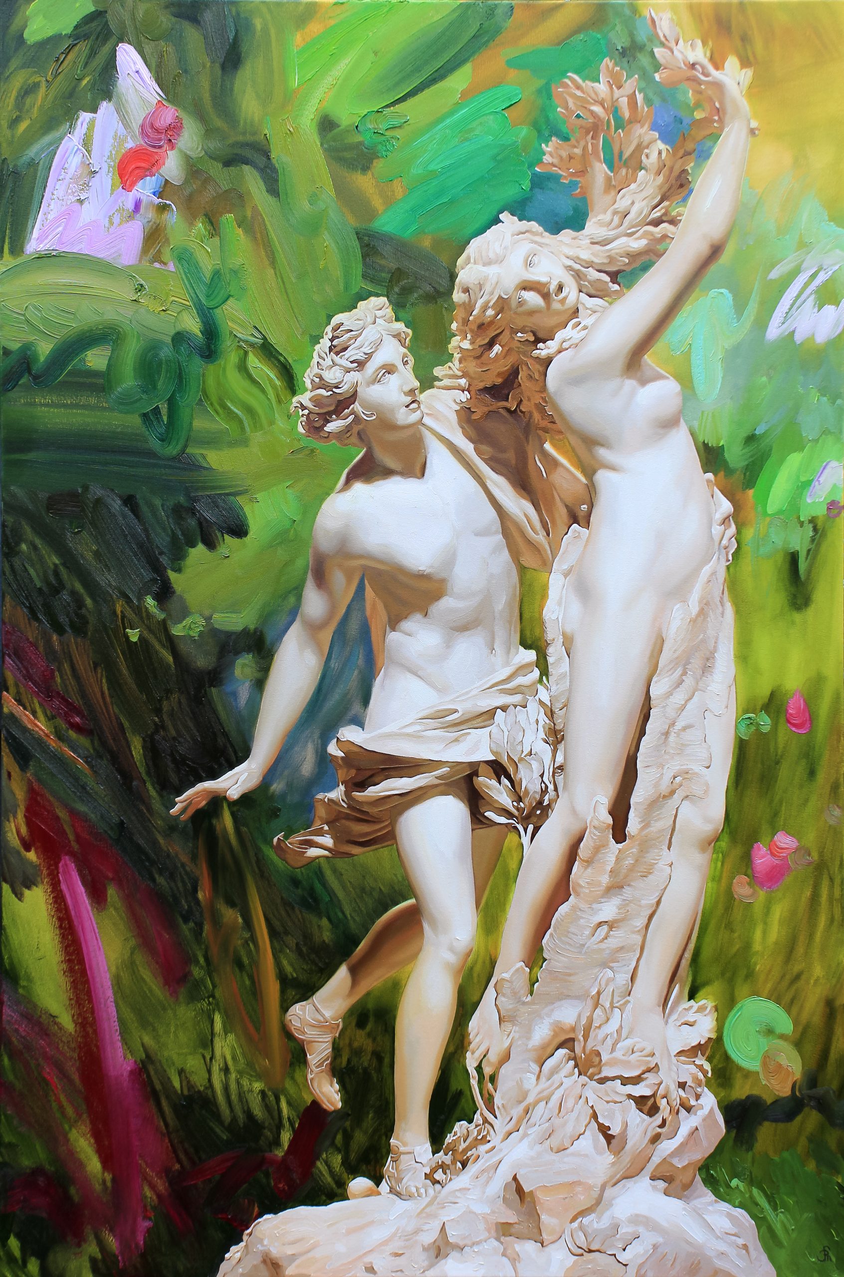 Oil Painting of Classical sculpture with abstract, colourful background 