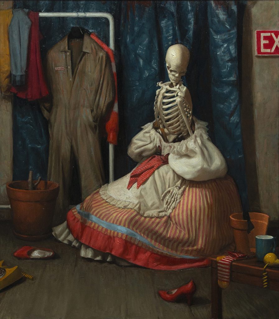 Oil artwork of skull with dress on 
