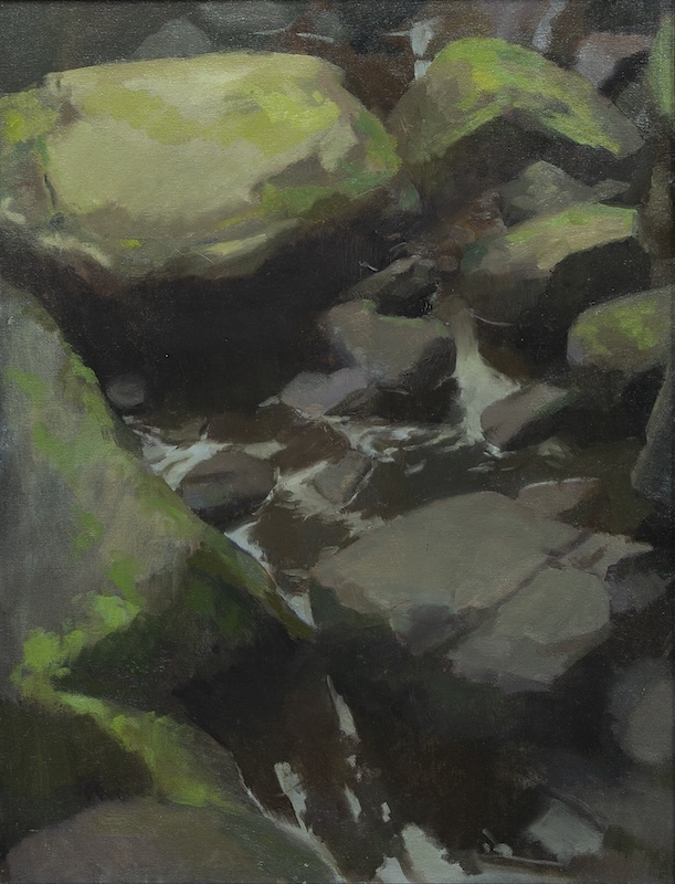 Oil artwork of rocks with moss and creek 