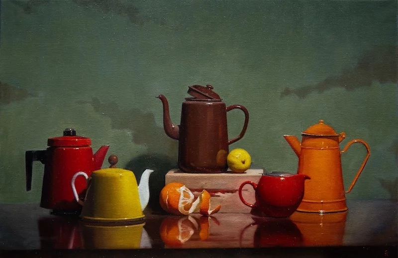 Still life oil artwork of teacups, lemons and orange peel 
