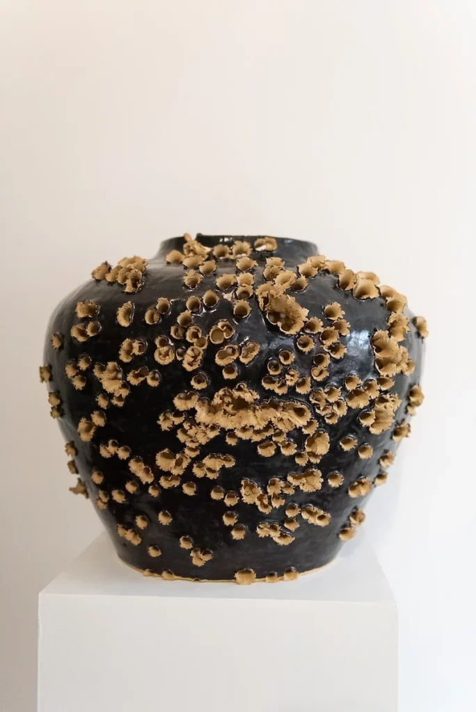 Kenza Gray, Shot Vase no.5 - a brown ceramic vase that has been shot hundreds of time with small bullets. 