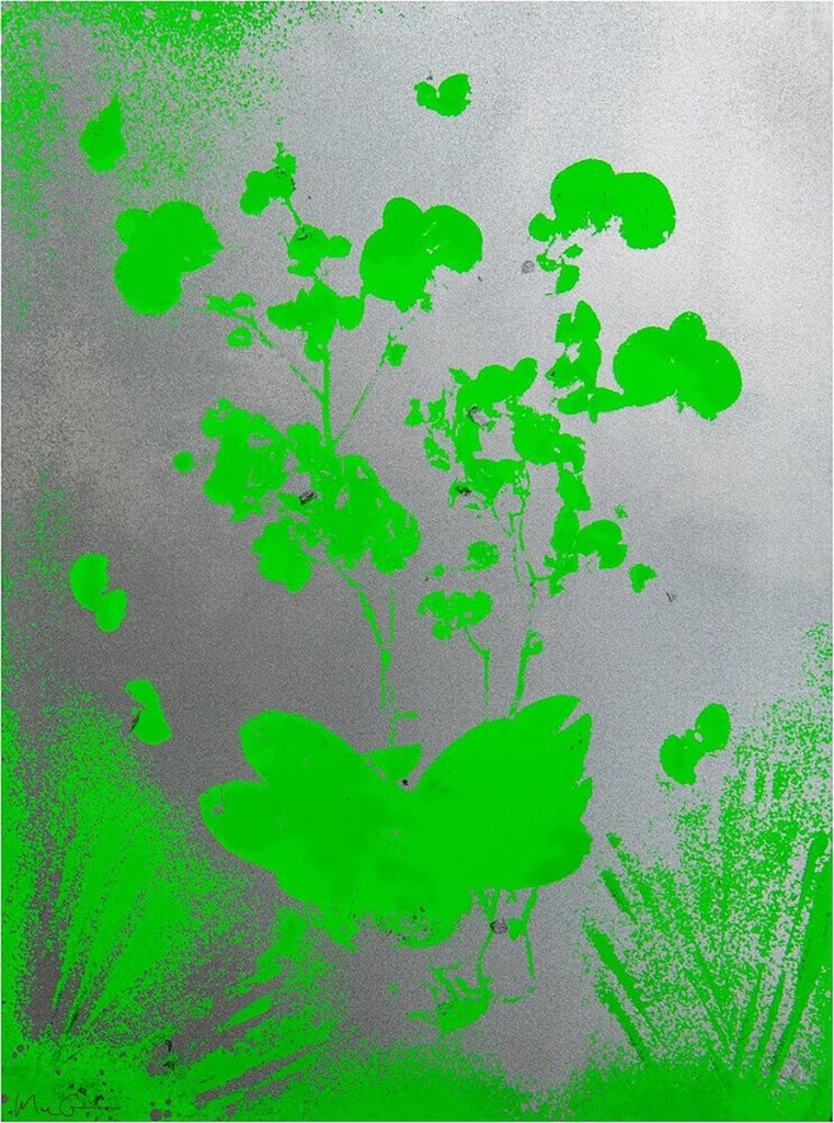 Marc Quinn, Forecourt Herbarium (Green) - a print of silver and neon green, featuring floral and leafy abstract elements. 