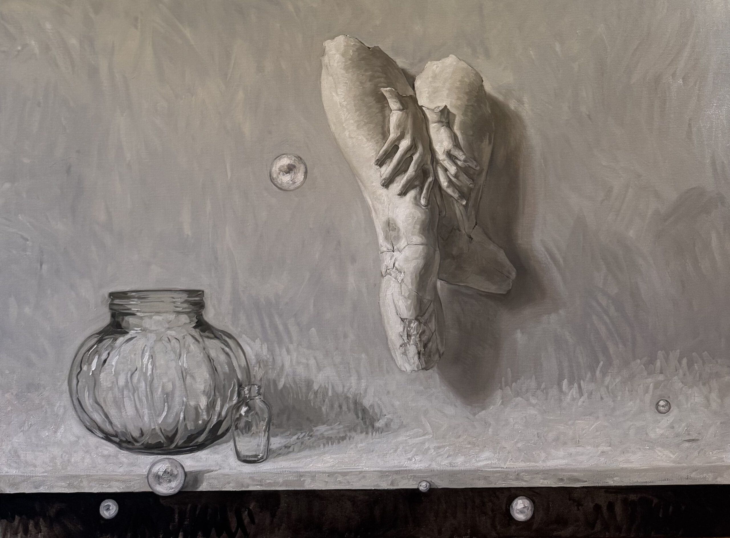 Oil artwork of vase, along with bone like structure