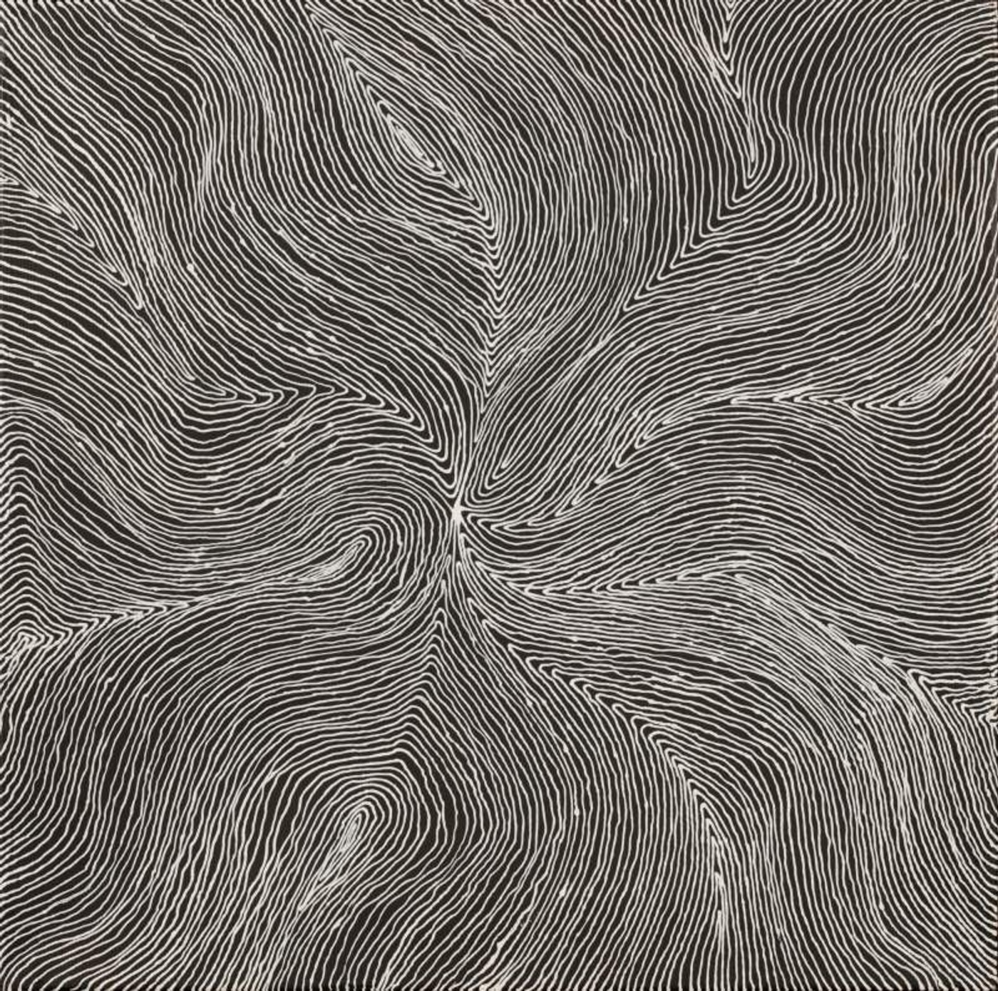 Black and white indigenous artwork featuring intricate lines in black and white colours 