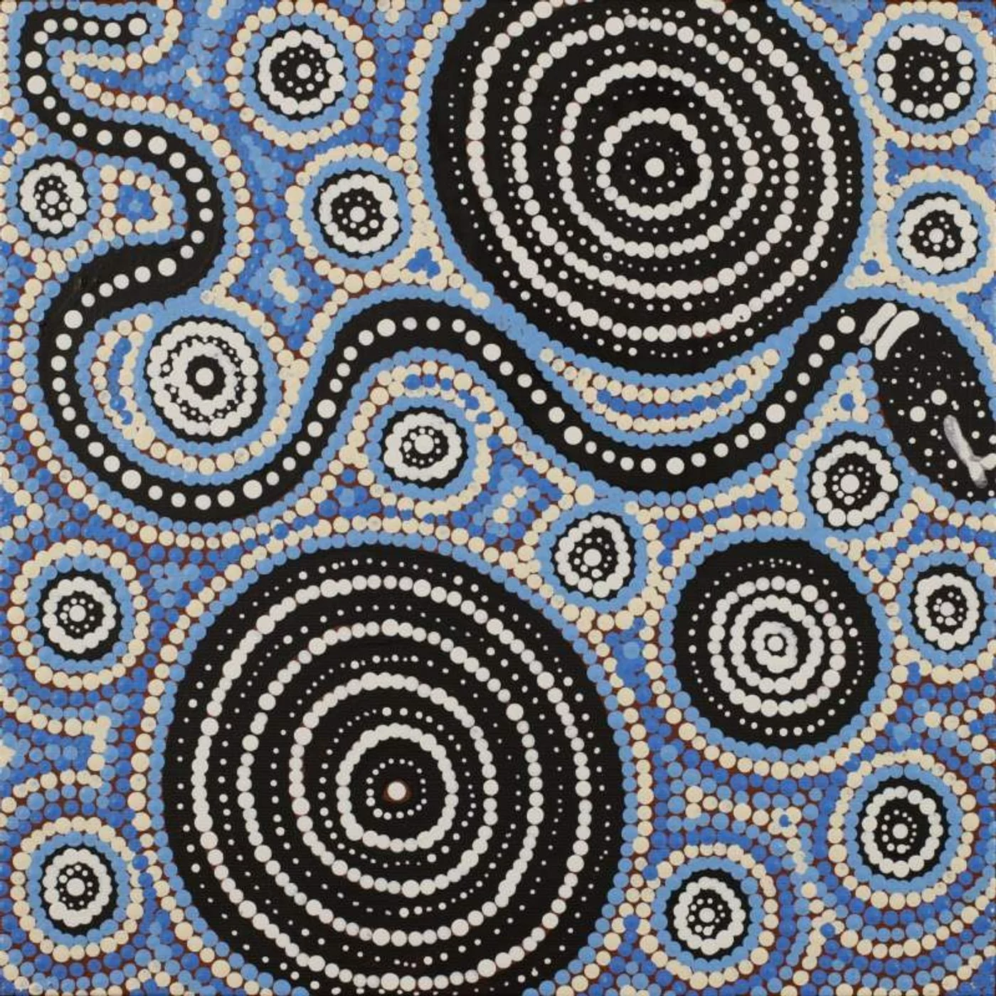 Indigenous artwork of snake dreaming, featuring blue, black snake and black circles 