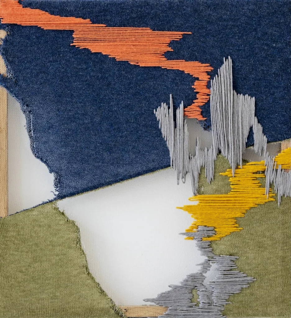 Sun Yu Lee, Yarns on Yarns 11 - a close up on a textile piece where yarn is woven in multiple colours to create what might be a map. 