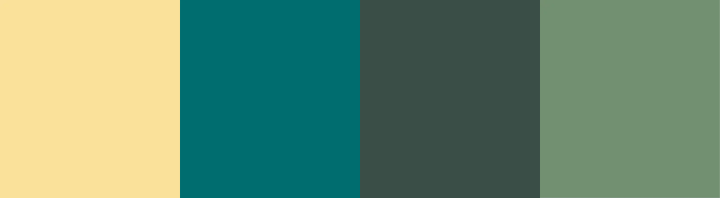 Soft yellow, rich teal, deep green, shale green