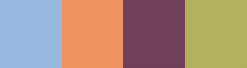 Cool blue, soft melon, dark berry, playful green