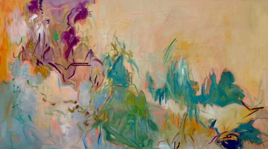 sabel Momparler, Orange thread V, 2025, oil on canvas, 60x140cm, Galeria Espai Cavallers